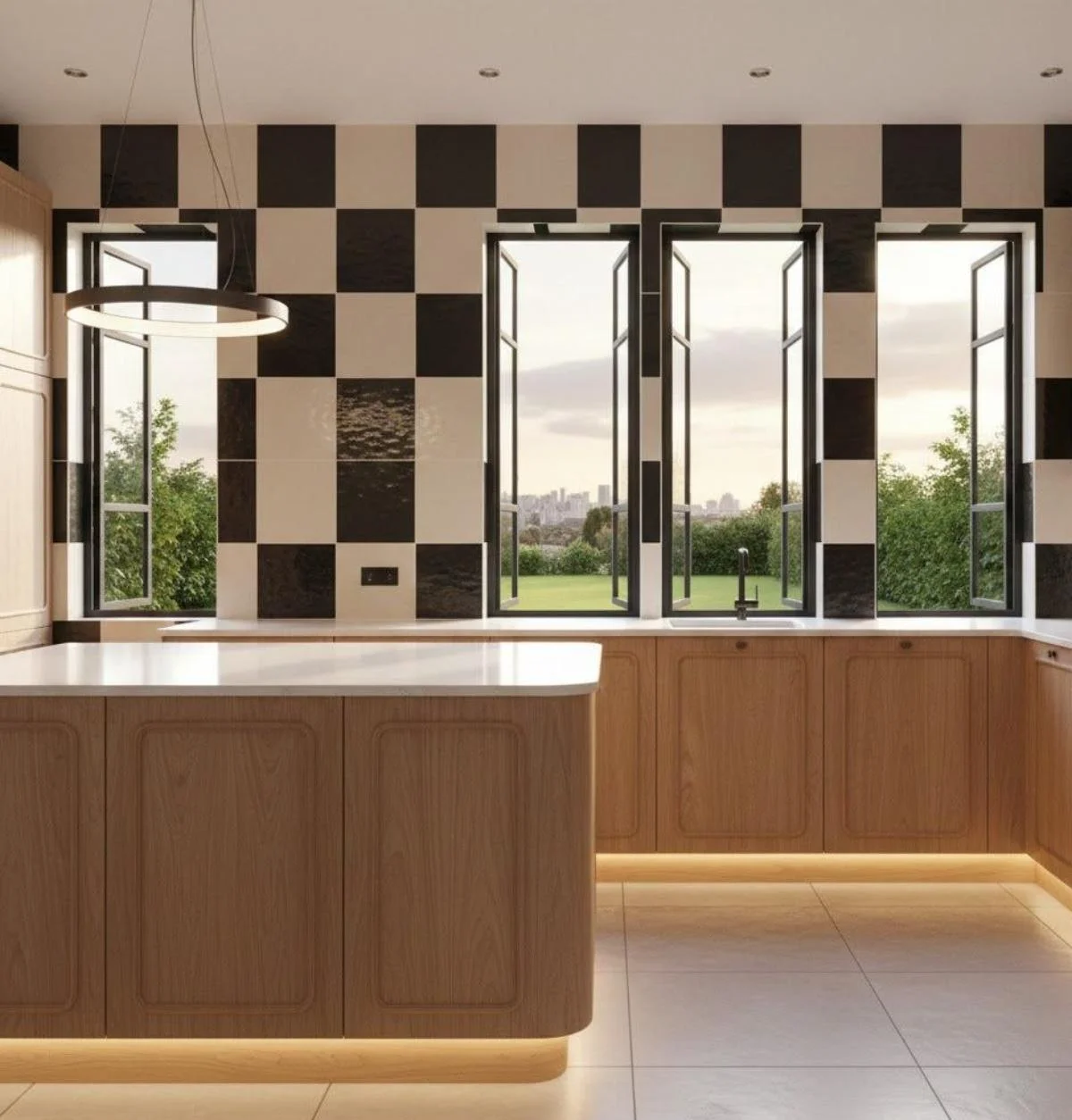 کابینت ممبران گردویی روشن، جزیره منحنی و دیوار کاشی شطرنجی سفیدمشکی