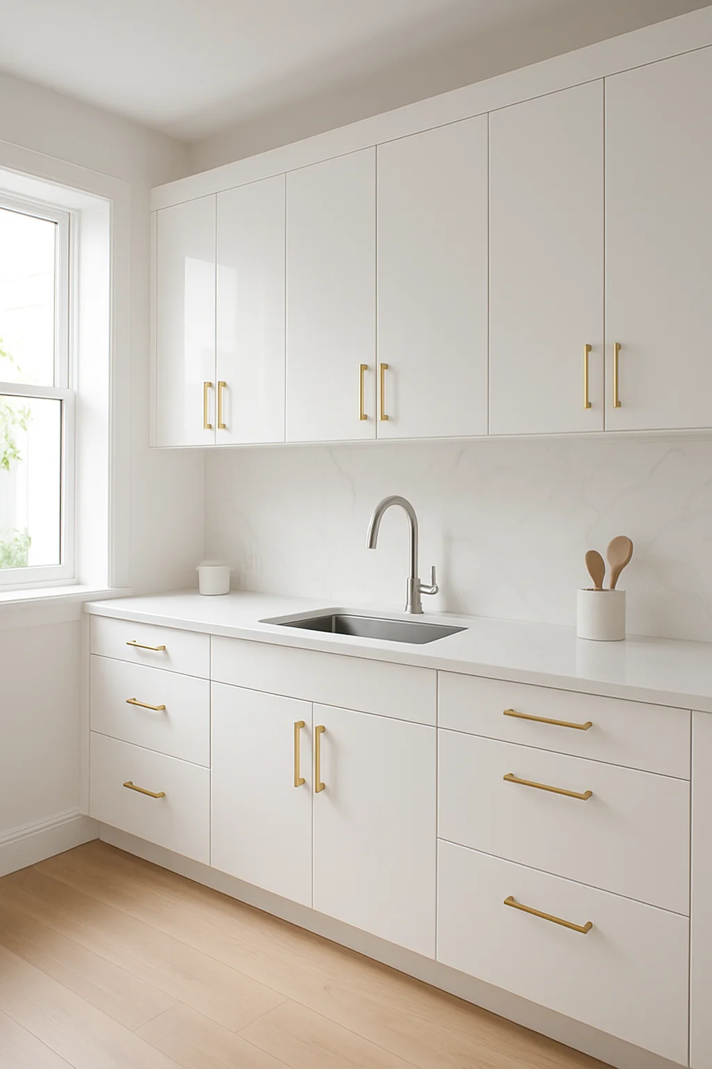 کابینت ام دی اف سفید در آشپزخانه کوچک با دستگیره طلایی