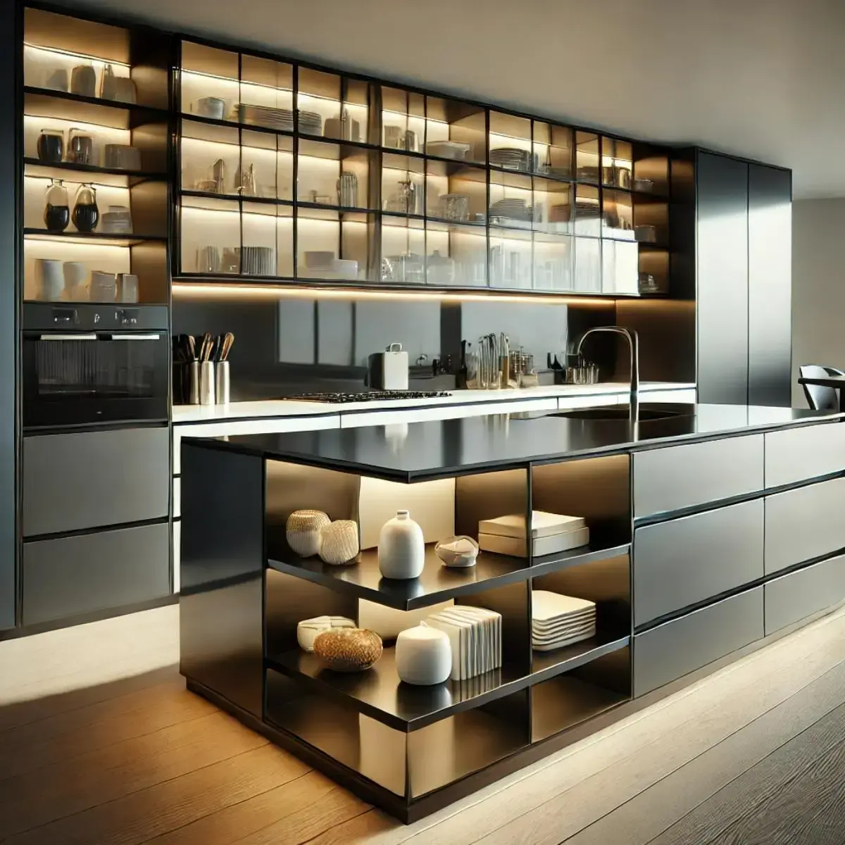 ویترین جزیره کابینت اجرا شده در زیر اپن با نورپردازی داخلی و همچنین ویترینهای اجرا شده در کابینت پشت جزیره