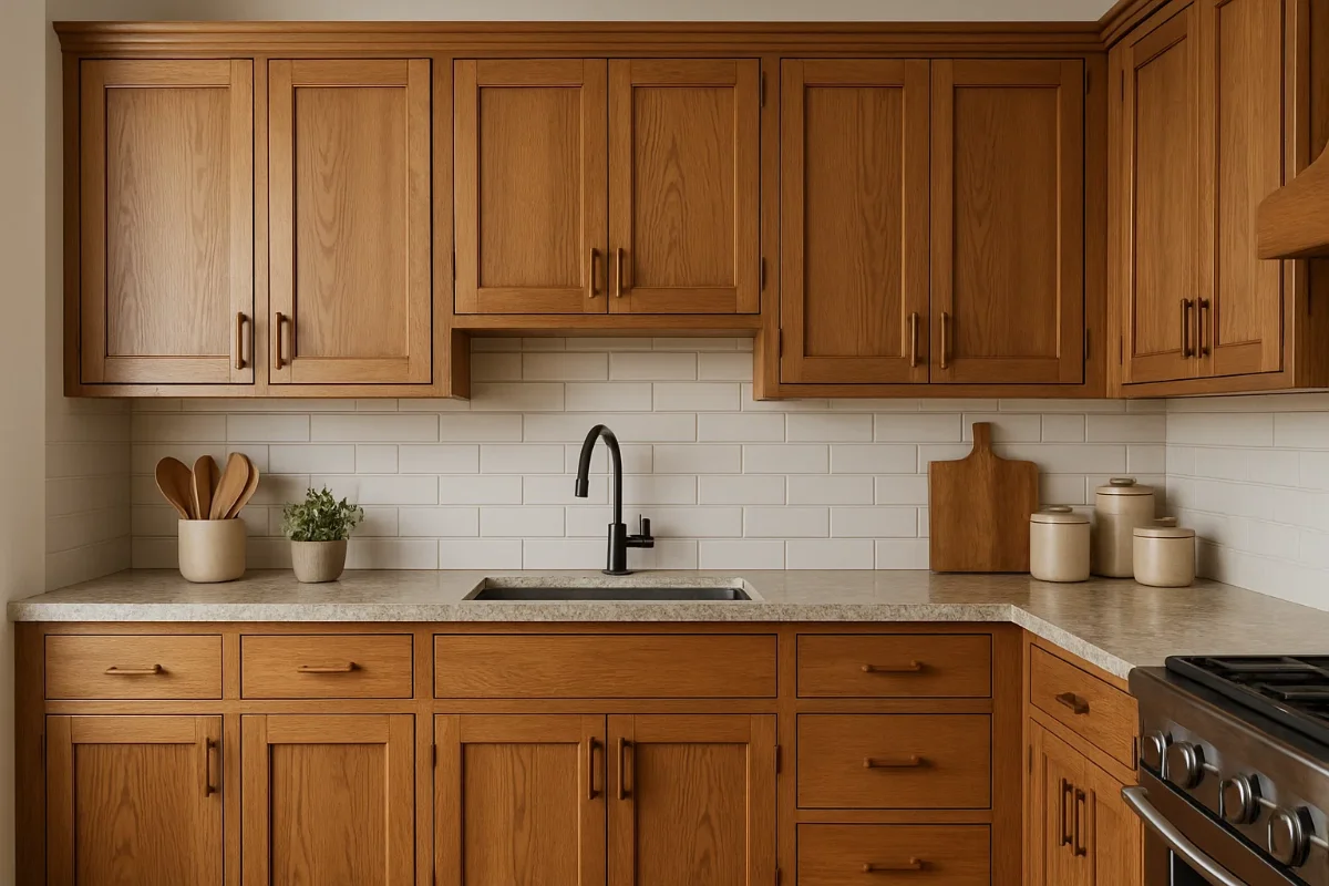 کابینت نئوکلاسیک با چوب چنار و دستگیره های چوبی