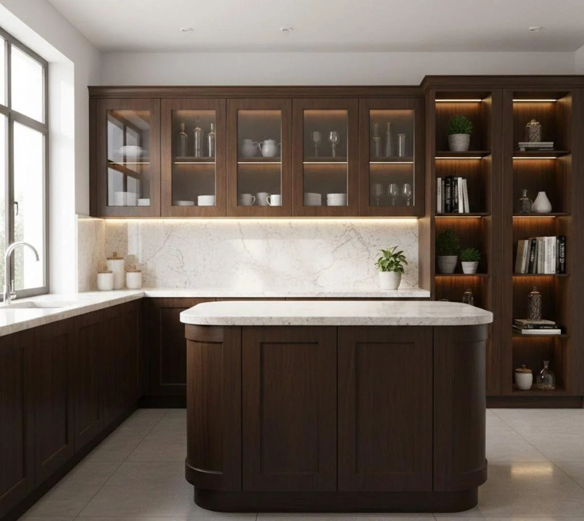 کابینت ممبران گردویی تیره همراه با جزیره مرکزی و صفحه سنگ روشن