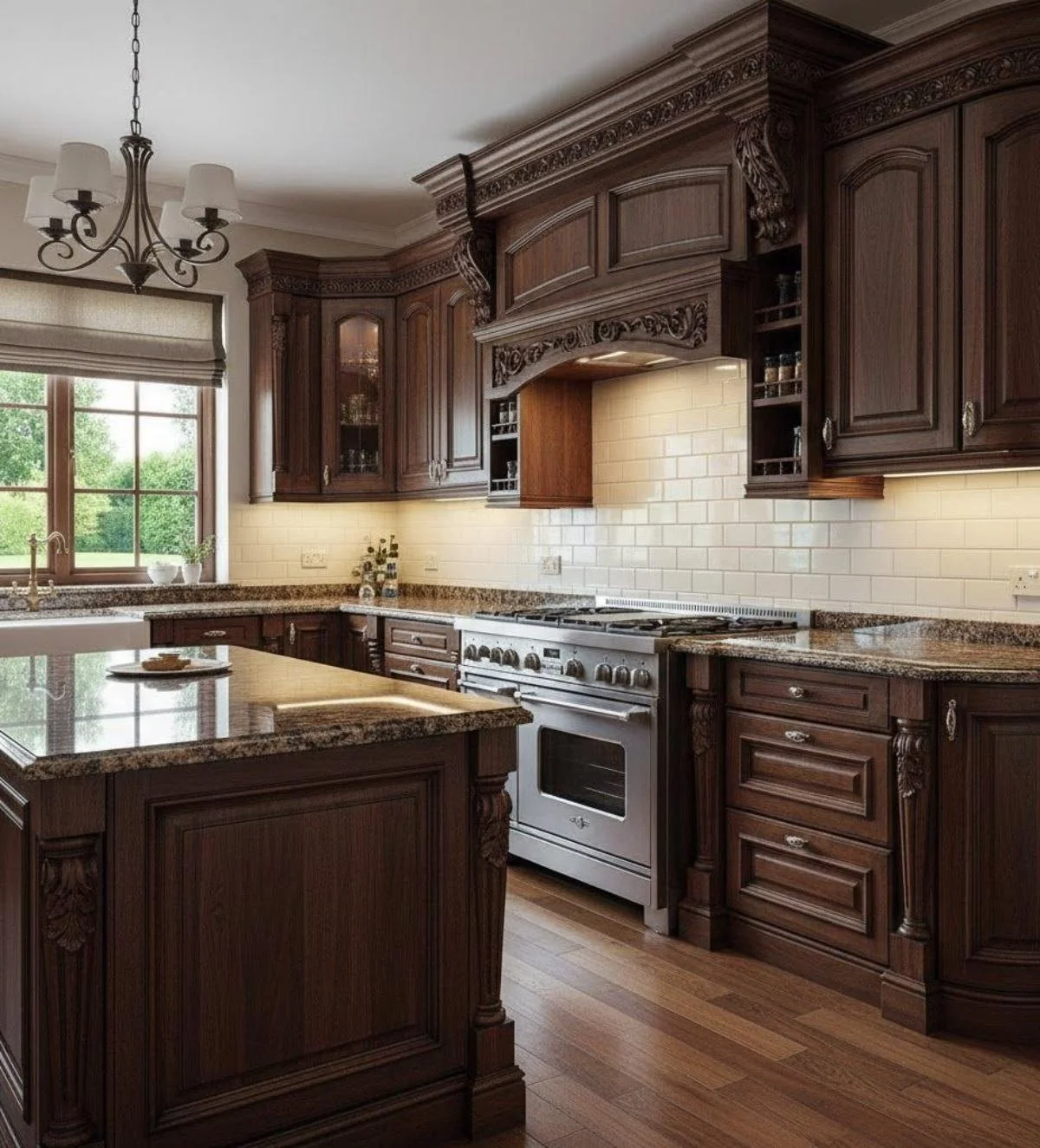 کابینت ممبران گردویی کلاسیک تیره منبت‌کاری‌شده