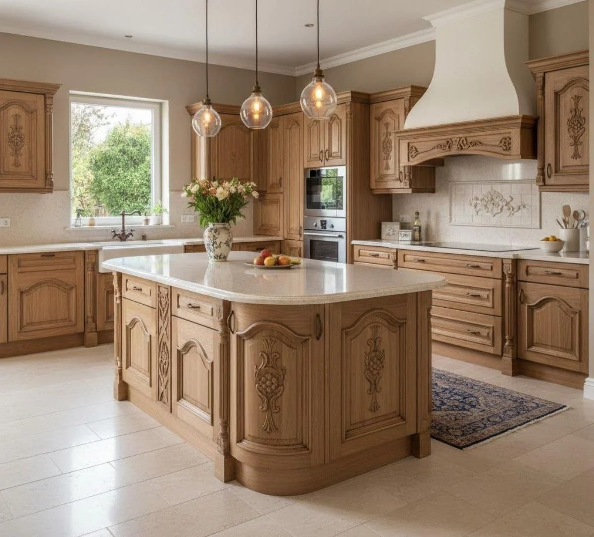 کابینت ممبران گردویی روشن منبت‌کاری‌شده و جزیره مرکزی به سبک کلاسیک