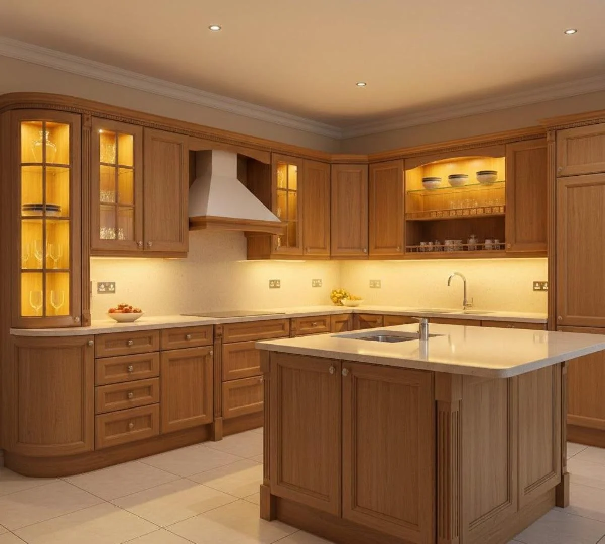 کابینت ممبران گردویی روشن با جزیره مرکزی به سبک نئوکلاسیک و با نورپردازی زیرکابینتی زرد