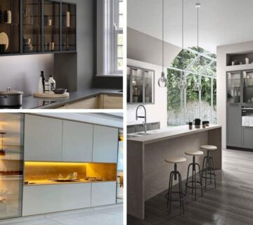 چند نمونه ویترین کابینت مدرن در رنگ‌ها و طرح‌های متنوع با شیشه‌های مات و شفاف و نورپردازی خطی