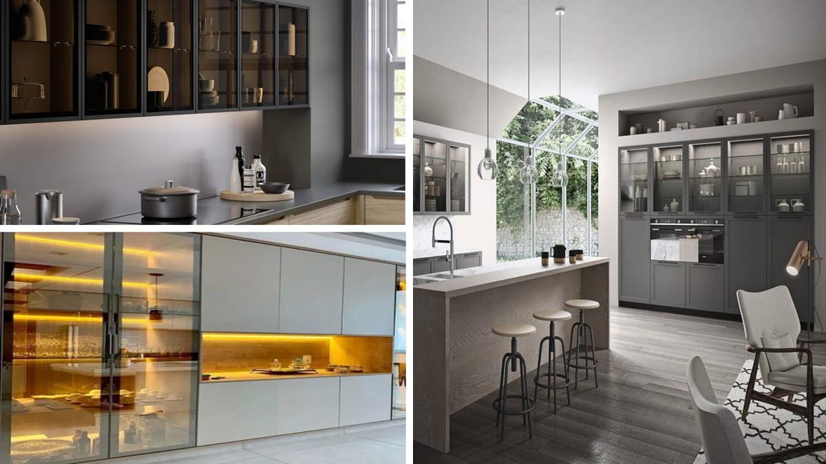 چند نمونه ویترین کابینت مدرن در رنگها و طرحهای متنوع با شیشههای مات و شفاف و نورپردازی خطی