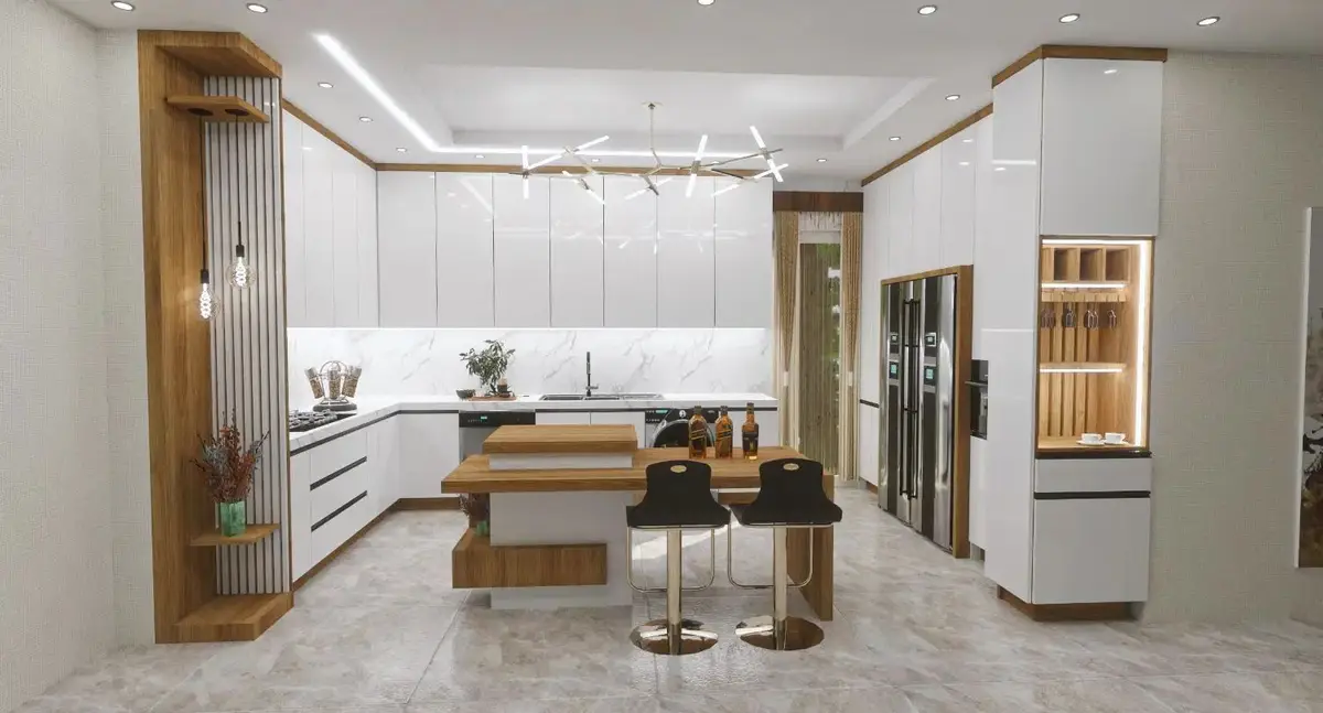 ویترین باز طرح چوب با نور پردازی داخلی اجرا شده برای کابینت مدرن سفید قهوهای با اپن و ناهار خوری مرکزی