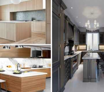 کابینت روکش چوب در دو سبک مدرن و کلاسیک با رنگ‌های نسکافه‌ای و قهوه‌ای روشن و تیره با جزیره‌های کاربردی