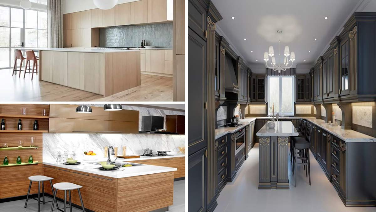 کابینت روکش چوب در دو سبک مدرن و کلاسیک با رنگهای نسکافهای و قهوهای روشن و تیره با جزیرههای کاربردی