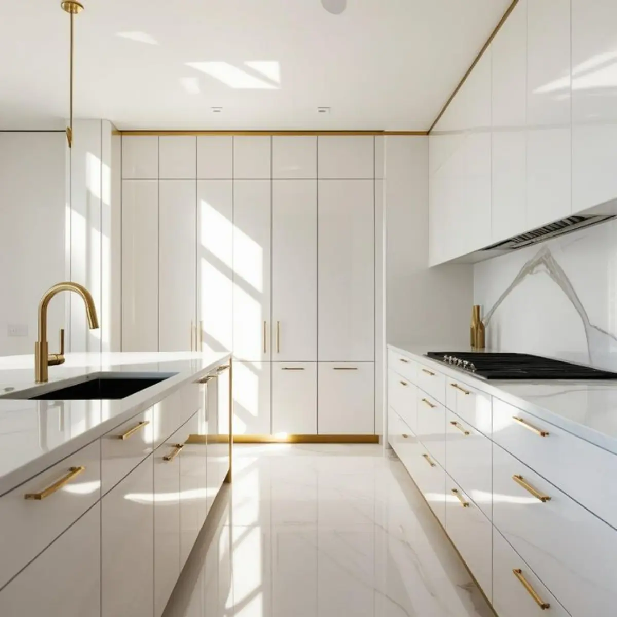 کابینت مدرن سفید با دستگیره و شیر آب طلایی