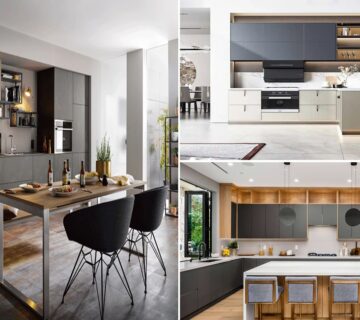 تصویر شاخص کابینت مدرن با رنگ‌بندی‌های طوسی قهوه‌ای و آبی سفید