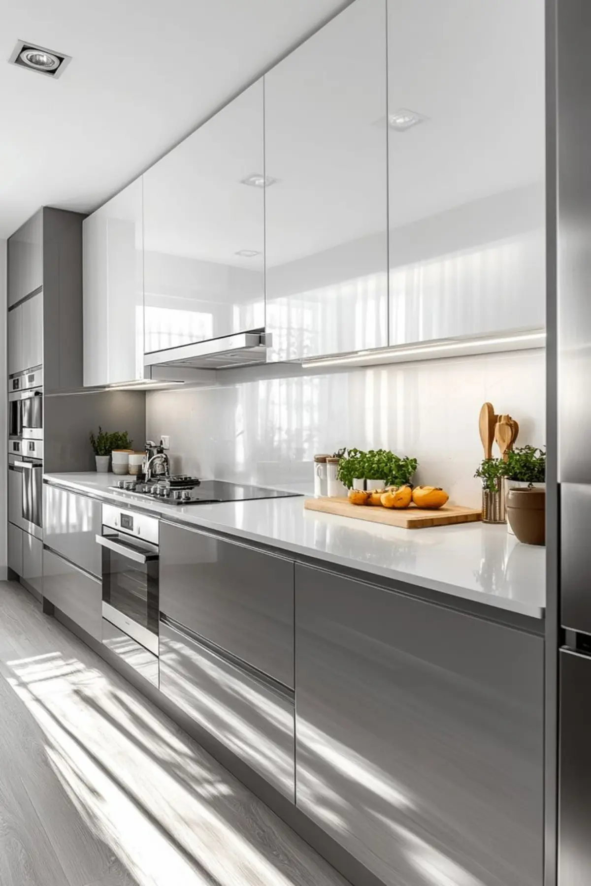 کابینت مدرن سفید طوسی روشن بدون دستگیره