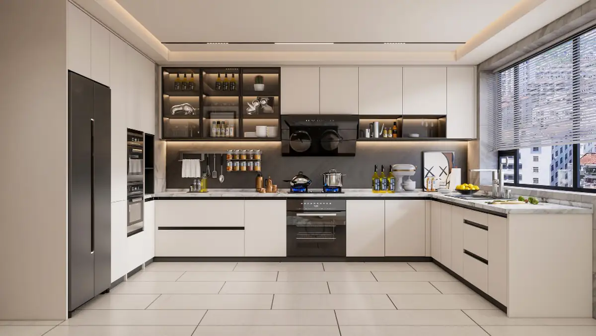 کابینت مدرن سفید رنگ بدون دستگیره همراه با طبقات مختلف در آشپزخانه‌ای مینیمال