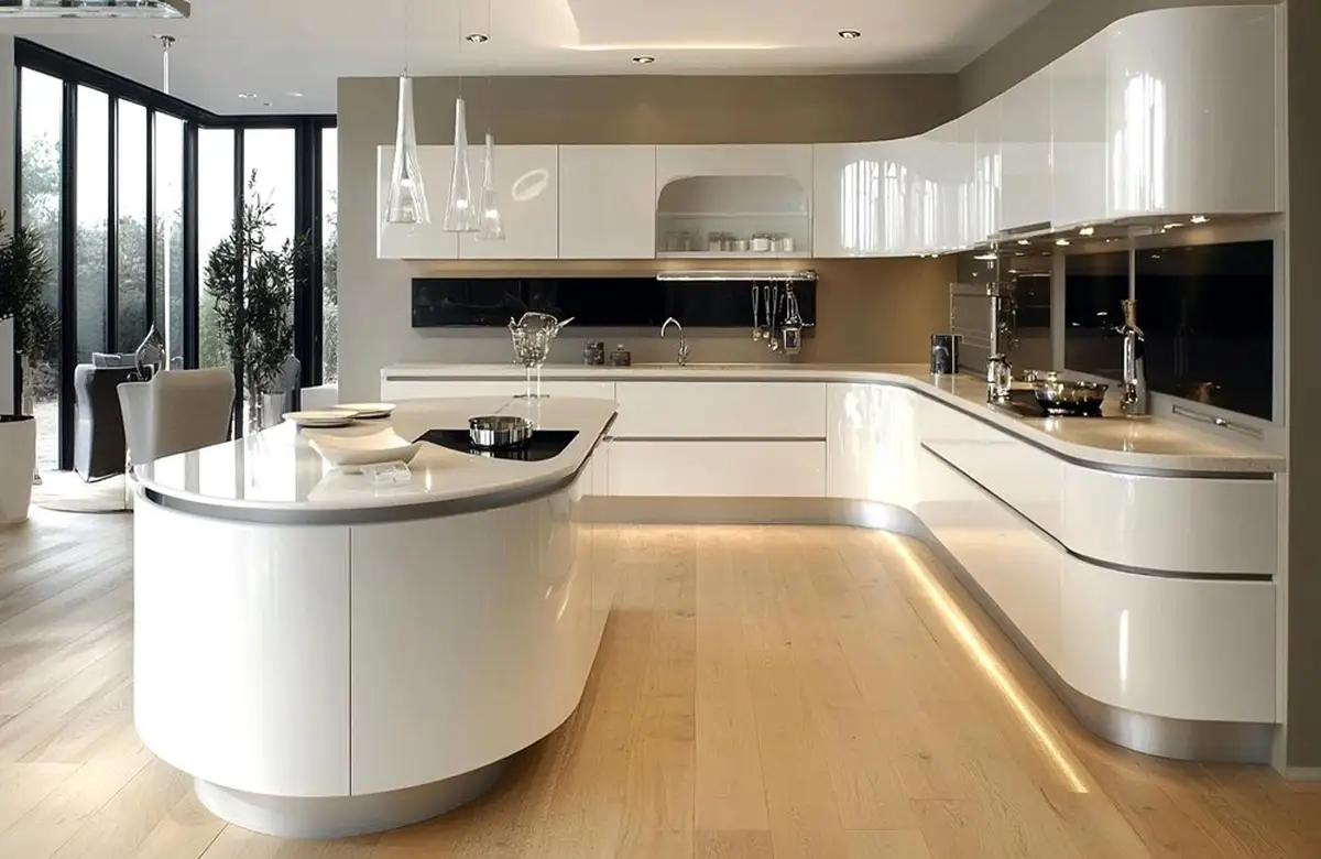 کابینت وجزیره مدرن سفید براق منحنی بدون دستگیره