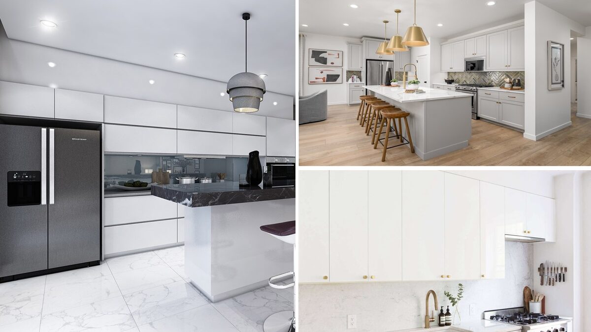 انواع کابینت‌های سفید رنگ مدرن مگنتی یا با حاشیه‌های طلایی رنگ