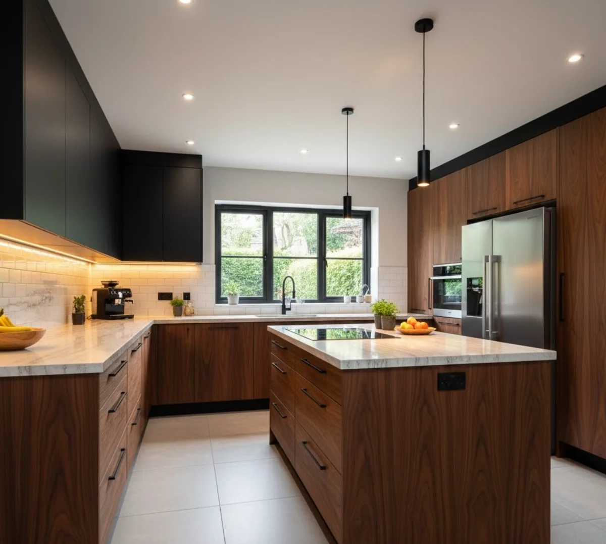 کابینت مدرن و جزیره با ترکیب رنگ مشکی مات، چوب گردویی و دستگیرههای مشکی