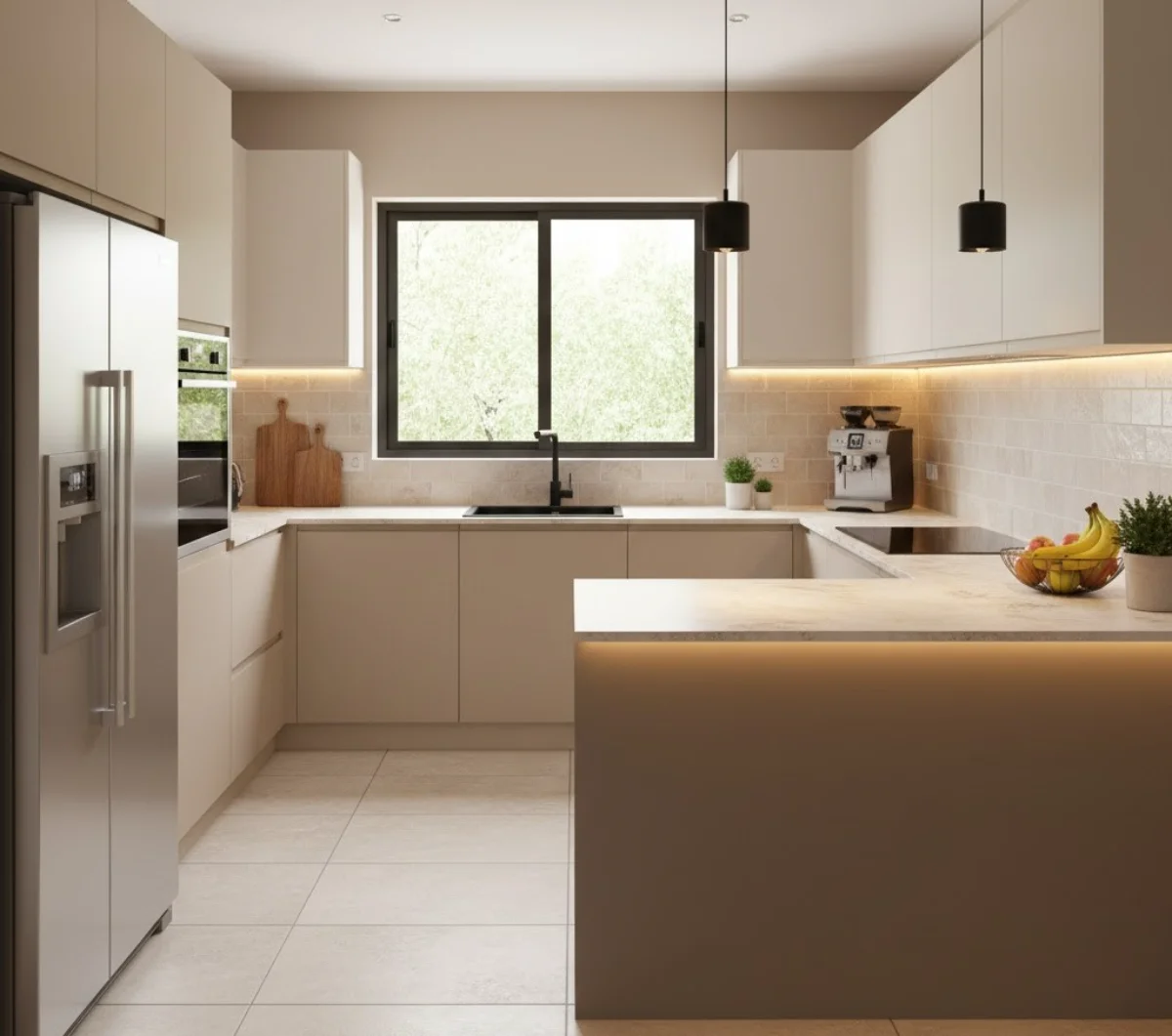 کابینت مدرن بژ و کرم با نورپردازی گرم