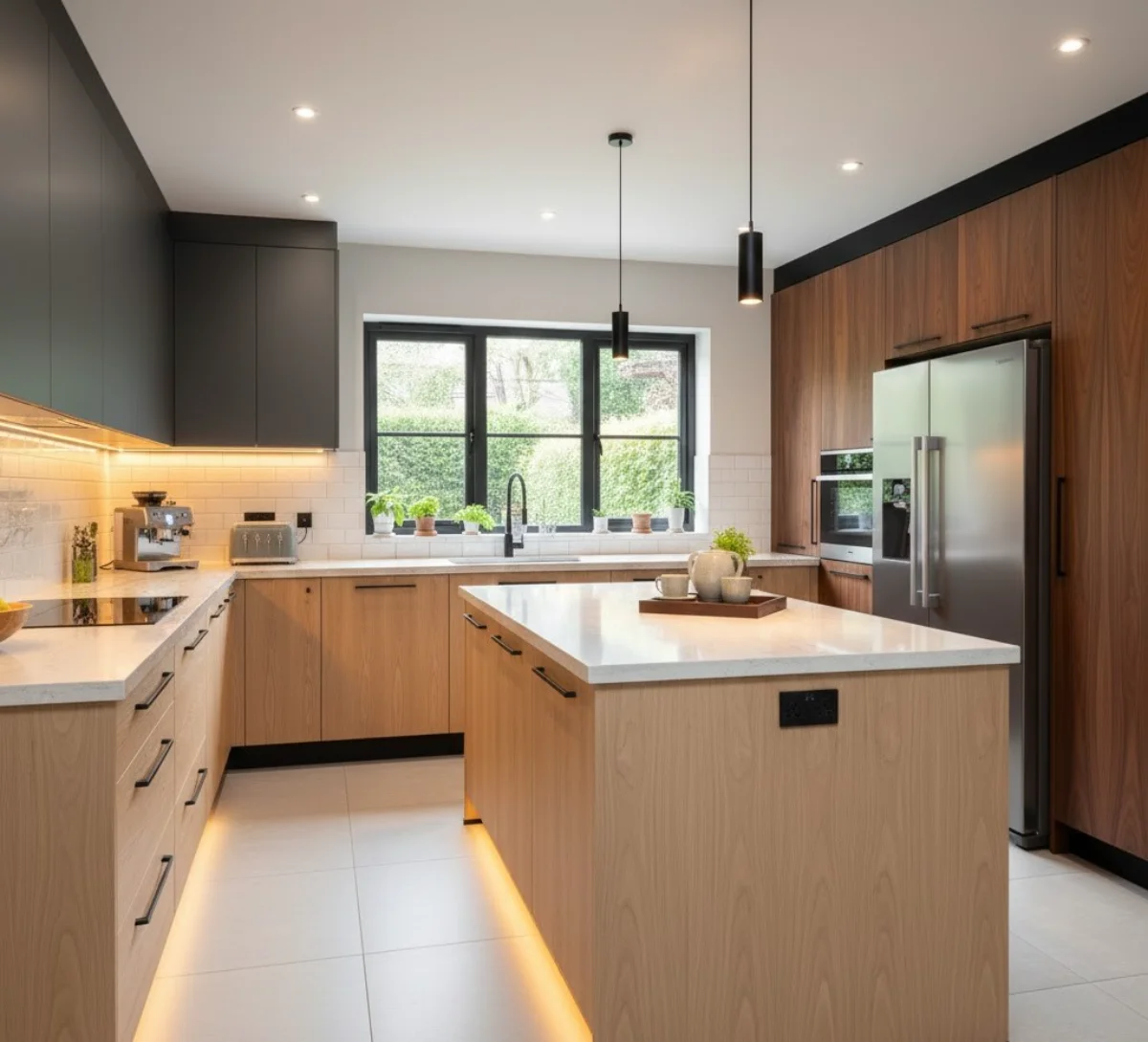 کابینت مدرن با رنگبندی چوب روشن، صفحه سنگ و طوسی موشی