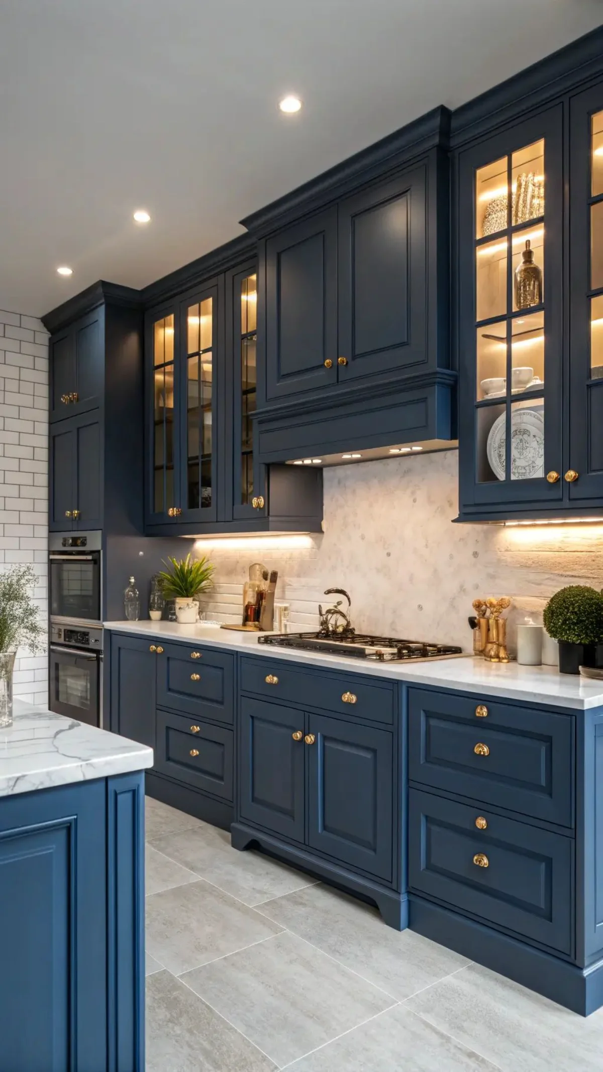 کابینت ممبران آبی طلایی نئوکلاسیک با درب ویترینی