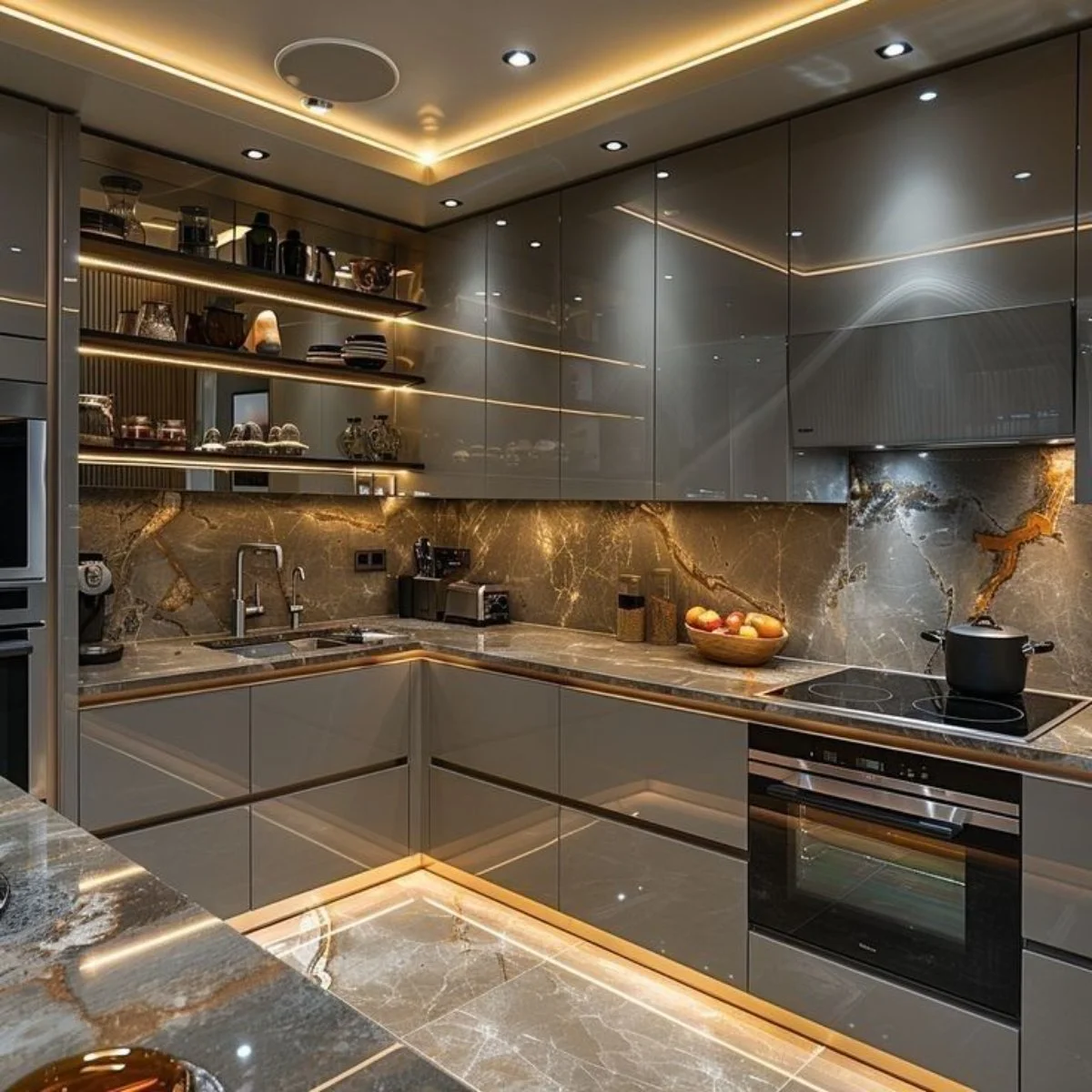 کابینت مدرن با رنگبندی طوسی تیره براق و طلایی