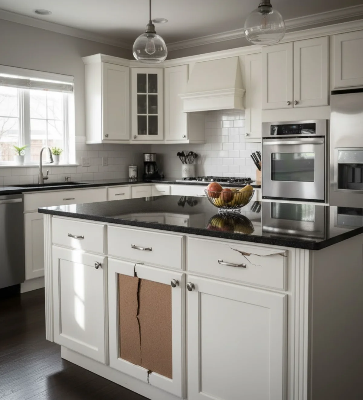 کابینت ممبران و جزیره سفید نئوکلاسیک آسیب‌دیده بر اثر ضربه