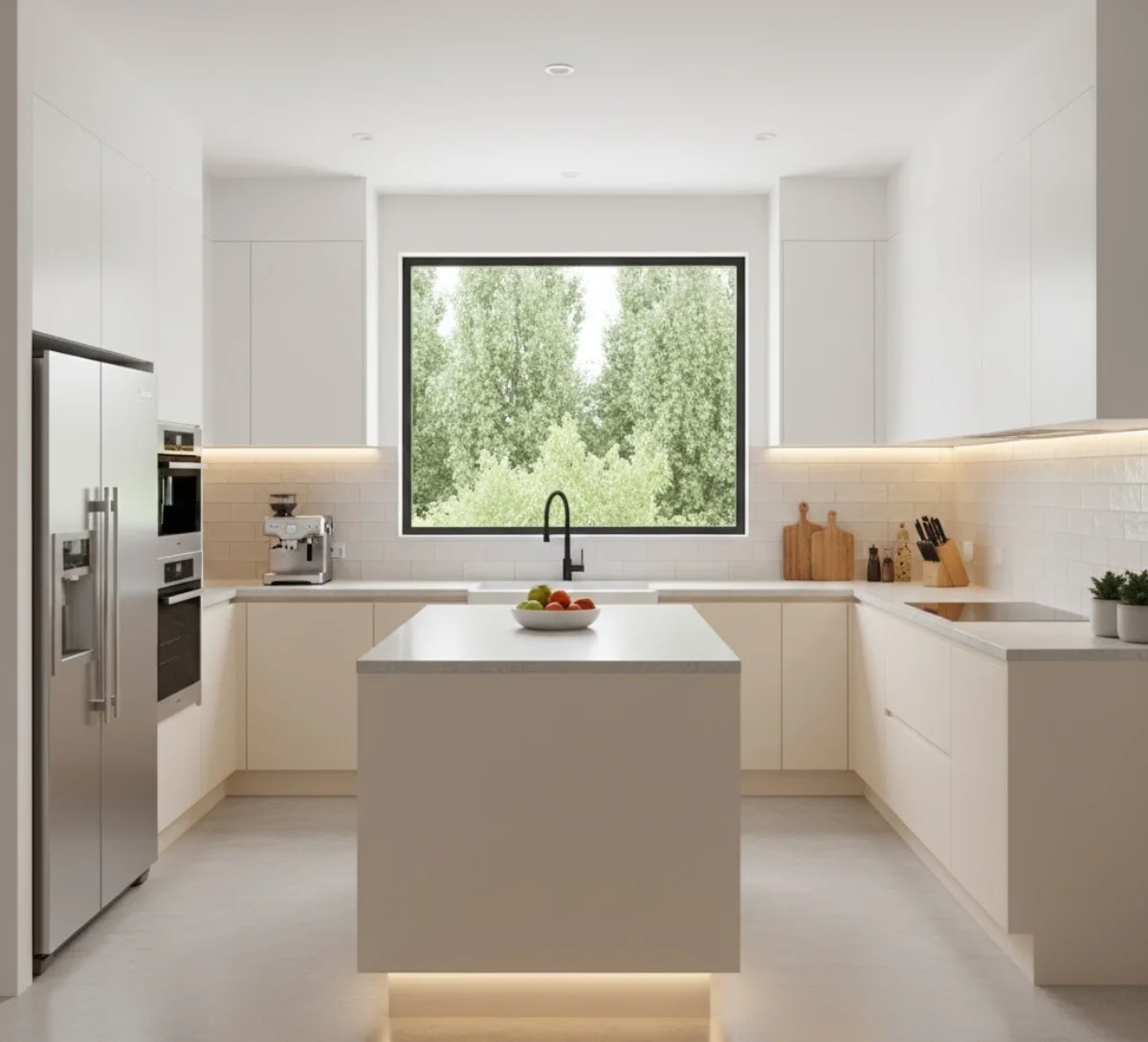 کابینت و جزیره مدرن با ترکیب رنگ سفید و شیری و نورپردازی گرم