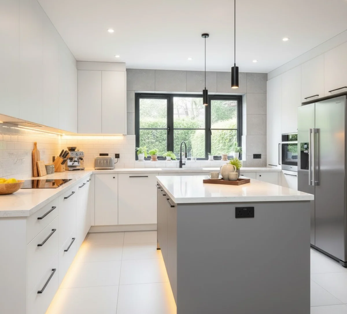 کابینت مدرن با رنگبندی سفید مات، طوسی روشن و دستگیرههای مشکی